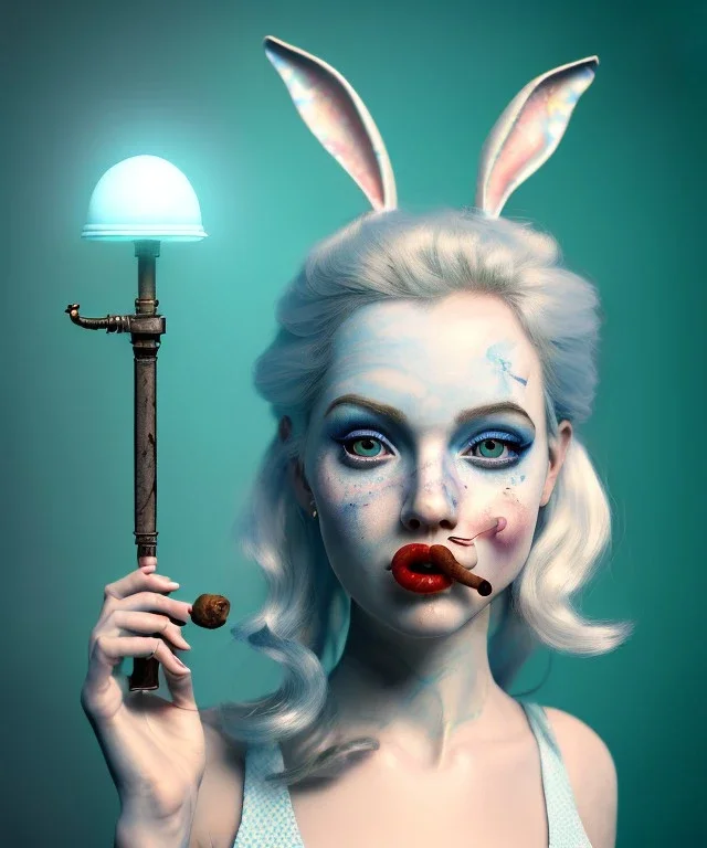 Ultra realistic portrait, wonderland, happy blonde Alice smoking a pipe, blue dress. elegant anthropomorphic white rabbit, circus dress style, old school tattoo, laughter, smoke, marijuana garden, mushroom lamps, glow eyes, perfect iris, soft color, highly detailed, unreal engine 5, ray tracing, RTX, lumen lighting, ultra detail, volumetric lighting, high definition.