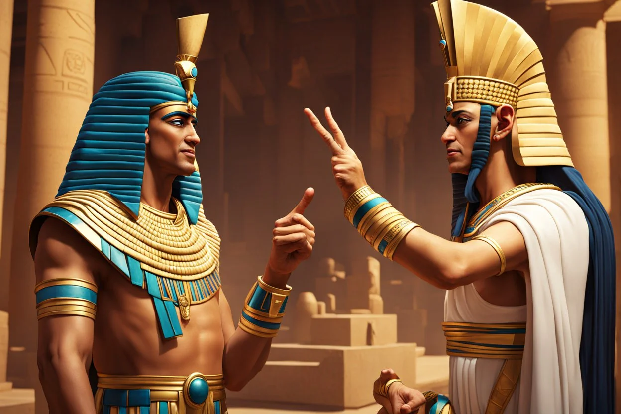 Pharaoh talks to his assistant, points his finger at him, and gives him orders