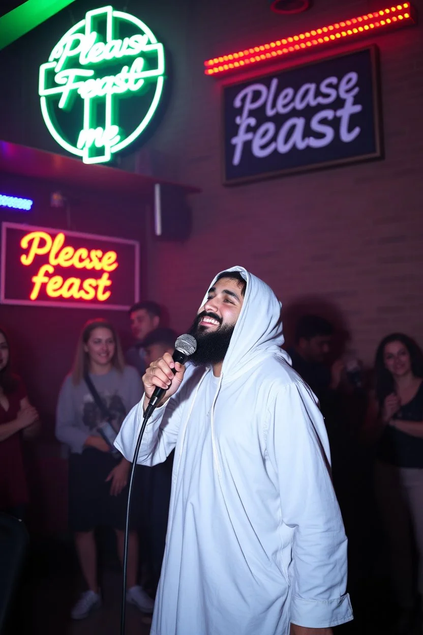 An "Kebab man" performing at dance club in a church, his name is "Kebab man" Happy and christian look, Talking to the holy Jesus, Neon lights and smog, "Please Feast me" big sign on the wall