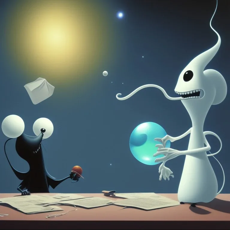 The mouse and the grim reaper discussing the future of the universe on bubble world, art by Pixar and Magritte