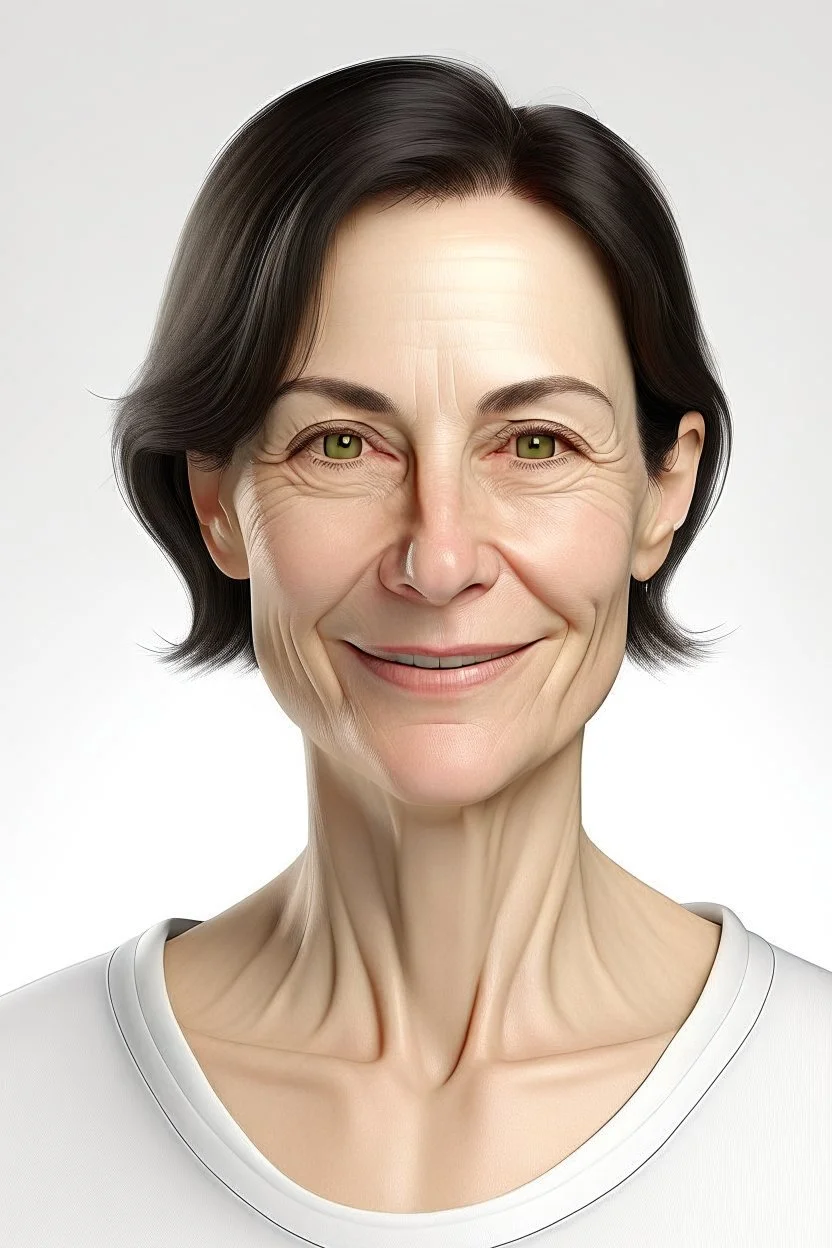 realistic, (49yr old female)without makeup, Caucasian beautiful face, dark hair, wearing a tight white shirt, studio lighting, cinematic light, beautiful woman, milk beige middle hair, perfect anatomy, very cute smile, (head frame), on white background, 8k Resolution, human hands, curiously complete, elegant, close to perfection, dynamic, highly detailed, character sheet, concept art, smooth, non symmetrical body and balanced directly towards the viewer, detailed hairstyles