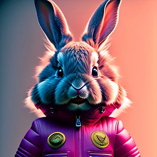 pixar style anamorphic cute cyberpunk rabbit baby, smiling,gangsta gold neckless, full body, magenta puffer jacket, manila city backdrop, dramatic lighting, hyper realistic, unreal engine 5, 16k