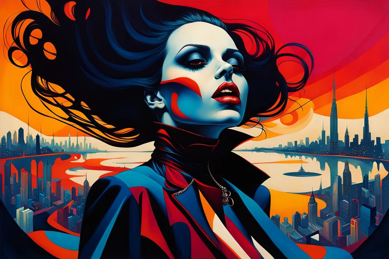 Stylized representation of a audacious vampire girl by Afarin Sajedi, her silhouette residing amidst bold, attention-grabbing abstract design that's defined by bursts of vibrant, highly saturated hues, juxtaposed against stark, surrealist landscapes or bustling colored cityscapes, vectors of strikingly dressed people indulging in eccentric poses, interspersed within alien, otherworldly