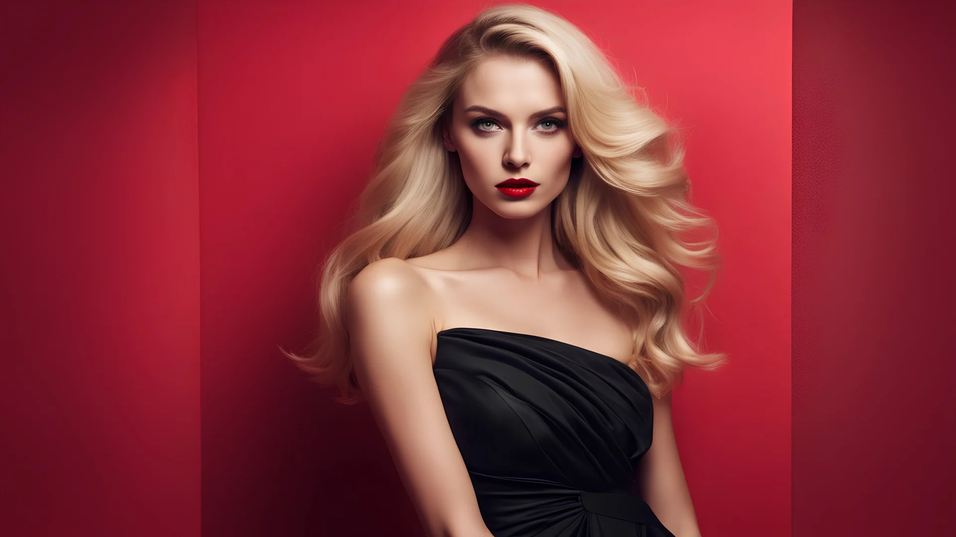 Beautiful fashionable blonde woman in a black evening dress on a red background. Fashion woman cloth flyer design. Beauty, fashion. Advertisement concept.