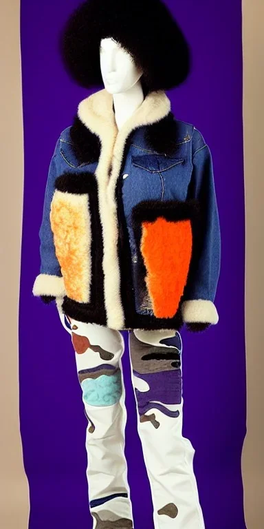 Caucasian white woman black hair. average body type. Mantle is sewed of recycled Denim and sewed together of camouflage pieces. Patterns are composed of orange, cream, blue, lilac and purple. blue latex gaiters. It is with big bright purple felt tippet and cream-colored-hood. mantle is merged with tippet. Big AKG-style headphones (gold rings!) is merged with small felt cap with small visor. Style: Haute Couture, 1920's, Paris fashion, late nineties, street art.