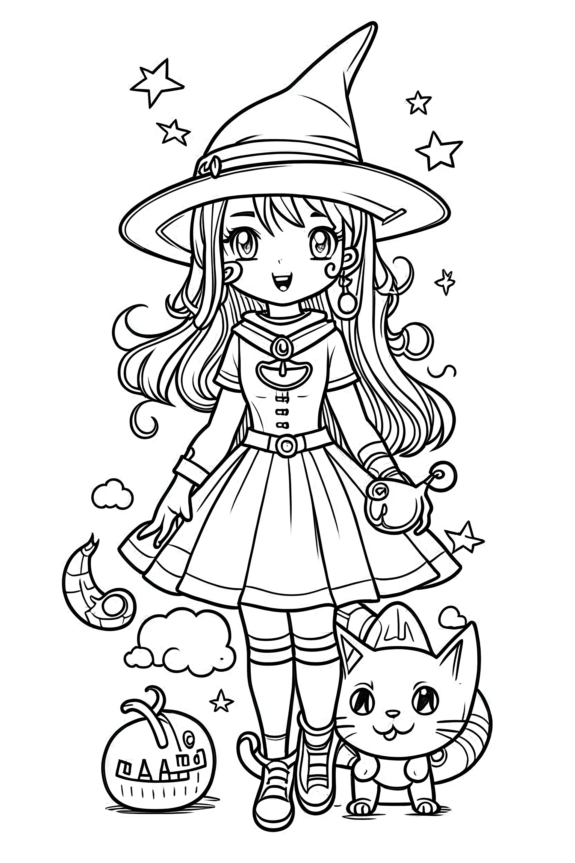 Online art for cute Halloween coloring pages with a witch and cat, white background, sketch style, full body, only use outline, clean line art, no shadows, and clear and well outlined.