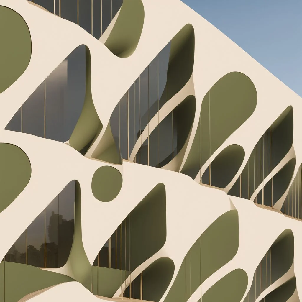 The facades of a building inspired by the olive kernel, presented in a minimalist and modern style.