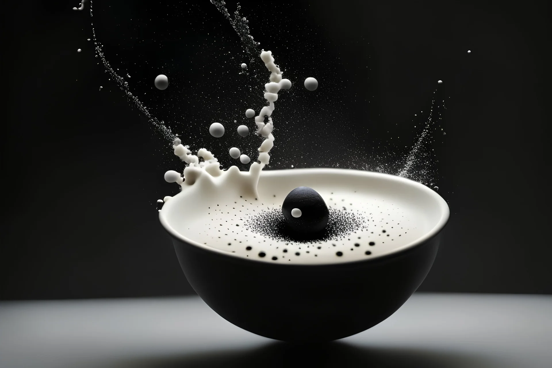 a highly detailed cinematic photograph of a small black ball falling down in a bowl of milk