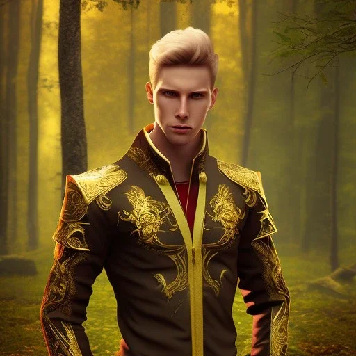 Male, Human, Blond, Sorcerer, Fire Mage, Golden Eyes, Young, Photorealism, Full Body Shot, Forest Background