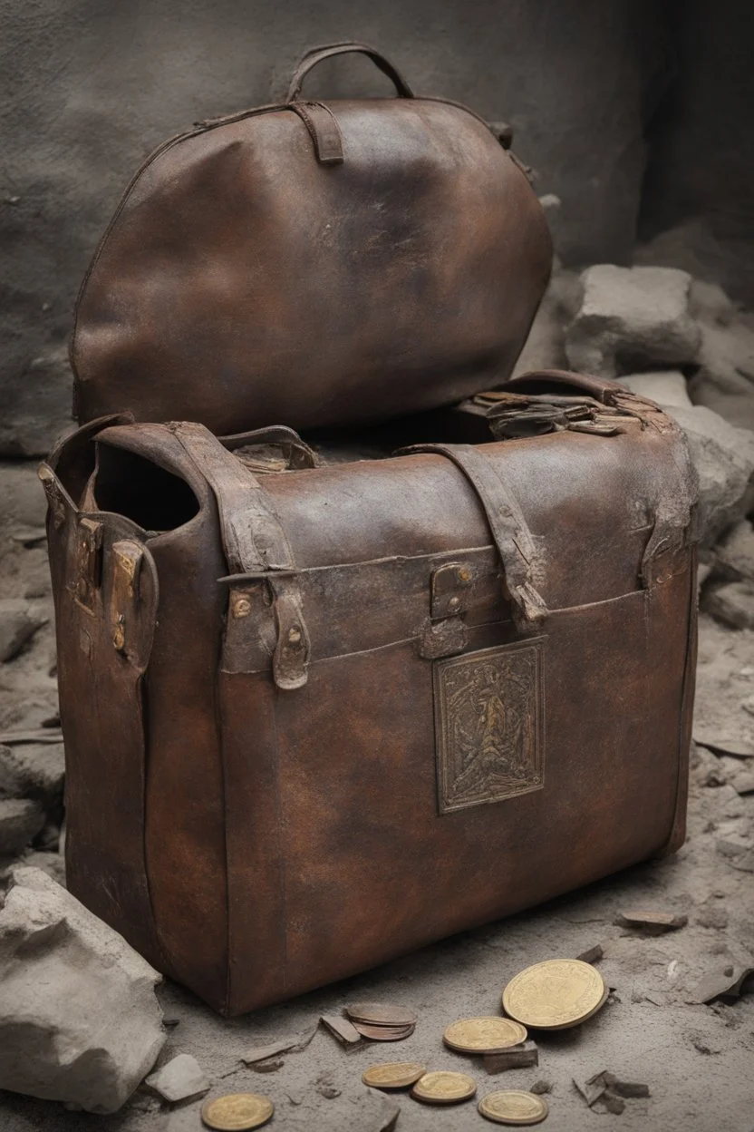 in the BASEMENT there is an old, broken brown oblong leather chest with short handles, from which gold coins from the time of Catherine the Great fall out. The ancient coat of arms of tsarist Russia, the double-headed eagle, is BARELY VISIBLE on the bag. There are a lot of broken bricks and earth around the bag. All in high quality 8K