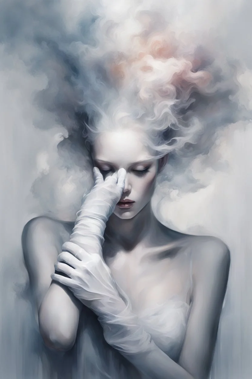 white smoke artistically takes the form of gloves by Ryohei Hase, Agnes Cecile, Raymond Swanland, Anne Bachelier, pastel smoky texture in hues of tranquility, an embodiment of minimalism with a stroke of simplicity, evoking serenity against a backdrop, black shimmering, fantasy art, backlit