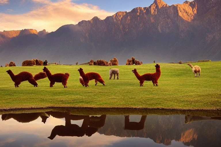 alpacas, peru, mountains, reflection, mist, sunrise