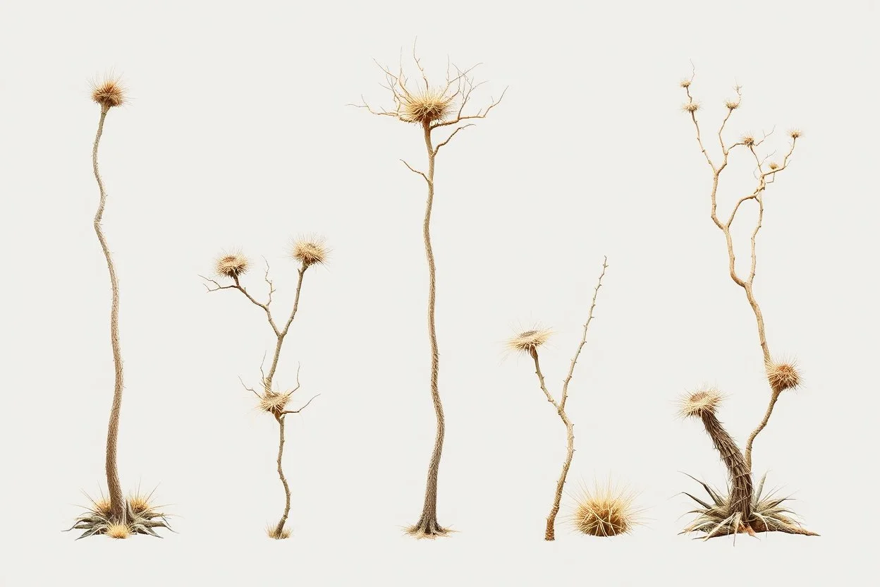 "Isolated concept art of multiple types of alien tree plant on a plain neutral background. Designed for Desert biome – dry, spiky, brittle grass with sharp edges, thorn-like blades, and pale dusty colors