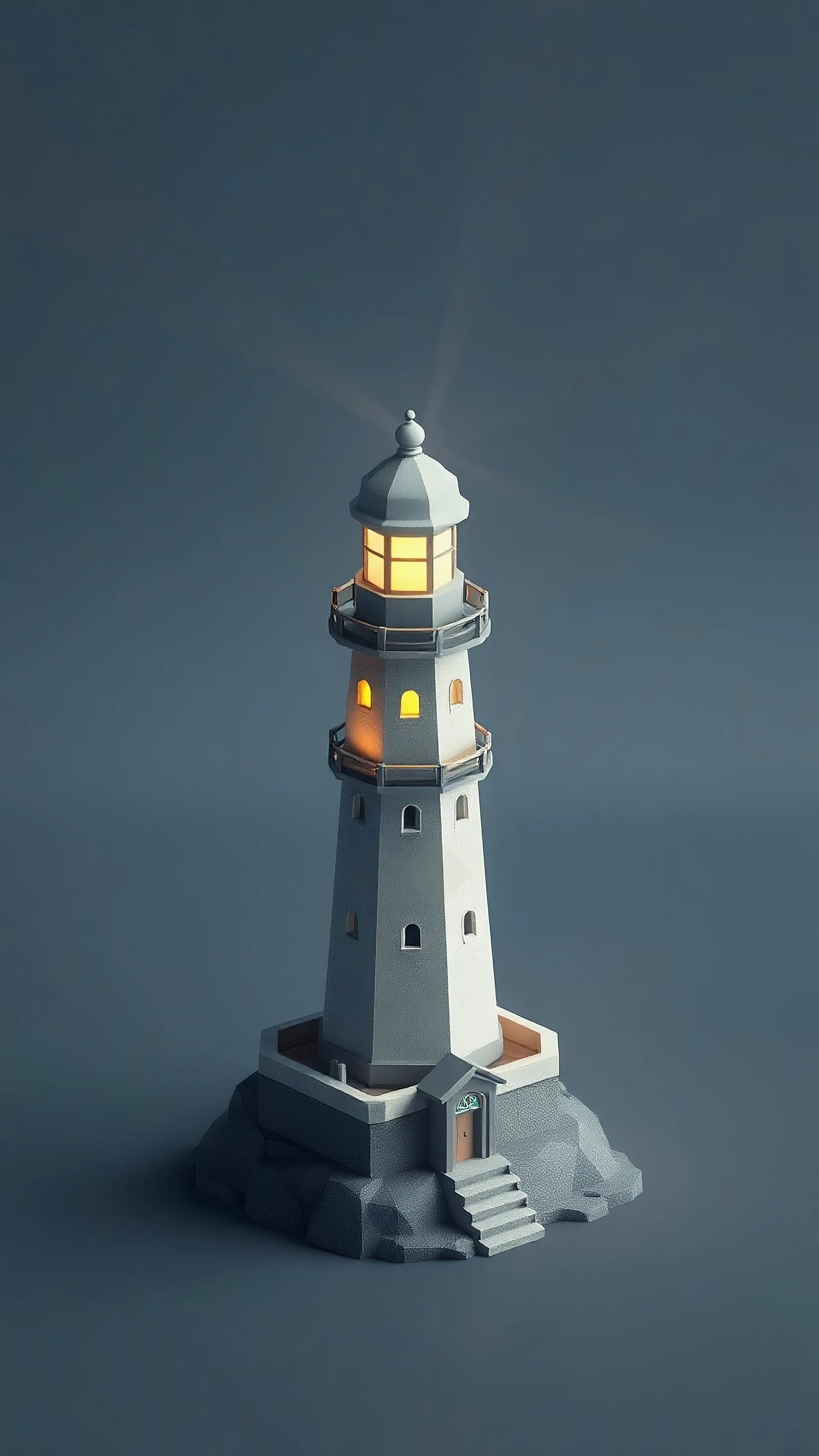 (low poly art style), ((tiny cute isometric)) very detailed lighthouse tower, (beacon shining light), ominous (low poly grey clouds), soft smooth lighting, with soft colors, god rays, (mist on the horizon), 100mm lens, 3d octane render, trending on cgsociety, (modular constructivism), gradient background, physically based rendering, centered.