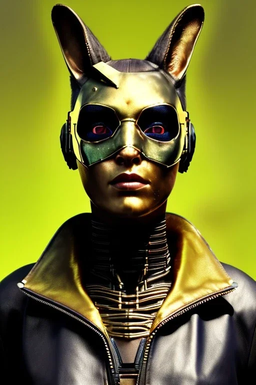 Medium Close Up Portrait, Front image. cyberpunk, rabbit mask, sweet woman, gold hair. Leather, feather suit. Yellow, red, color. Mad max style. Color background, photo studio. Avatar image, highly detailed, concept art, smooth, unreal engine 5, ray tracing, RTX, lumen lighting, ultra detail, volumetric lighting, 3d, finely drawn, high definition, high resolution.