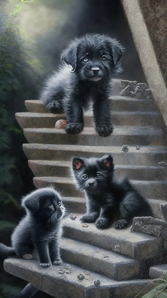 A shaggy black puppy dog with a white belly, a gray kitten, a three color kitten eating salami on a stone stairway in the woods