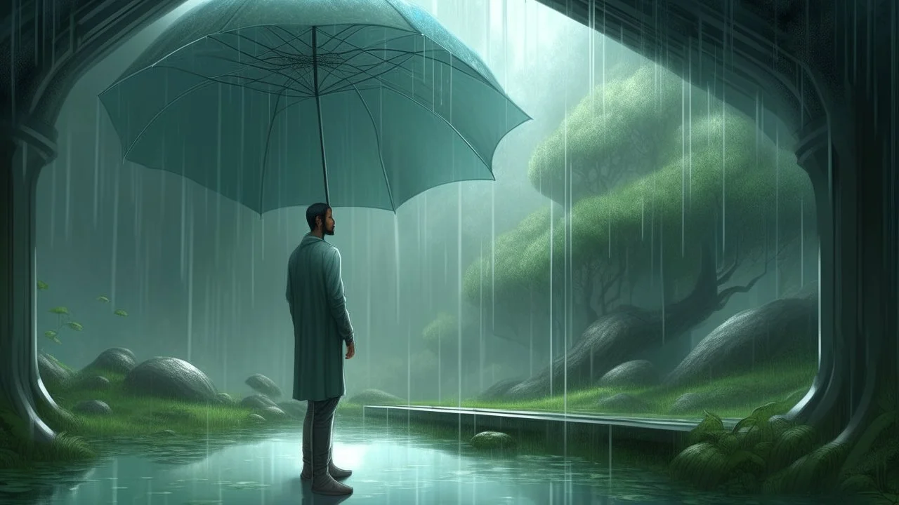 fantasy, On a rainy day, a Middle-Eastern man holds an umbrella while observing The glass House of the Tall Trees, with raindrops glistening on the leaves, a muddy slope, and the sound of the brook amplified by the rainfall., adventure core, soft and dreamy depictions, epic eerie, deep teal and light grey color scheme, volumetric lighting,dimensional 3D illumination