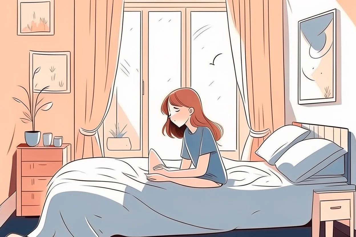 Ilustrasi Seorang gadis duduk di atas tempat tidur kamarnya di sore hari dengan napas terengah engah