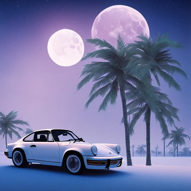 1980's aesthetic artwork vaporwave palm trees with lighting with moon with porsche in the winter snow