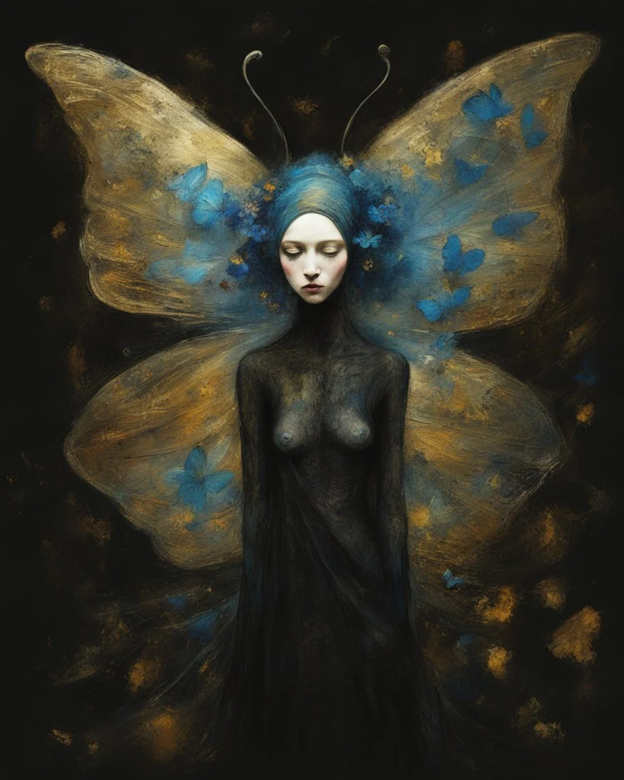 A strange old thin fairy with detailed shapes, head wrapped in dark cloth. Colorful butterfly wings. It stands in the gold, black and blue space of a flower hell. Abstract expressionism, grunge textured grainy oil colors on canvas. Disturbing depressive. Soft brush strokes Gustav Klimt.