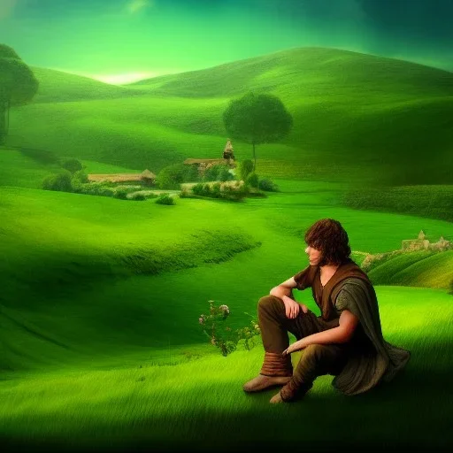 Landscape, the shire, fantasy, green, Brown, warm, a man sitten by the shore