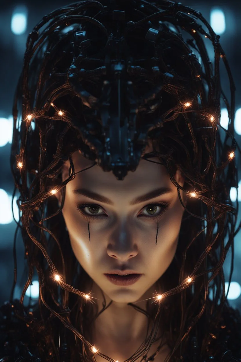 fullbody, creepy, horrifying, sinister, many wires connected to the head<perfect pupil> <cyborg> <garage> <sci-fi futuristic> Demon girl, lumen lighting, led lights, sparks around her, sparks cybernetic, high lighting, intricate, 8k, macro photography,