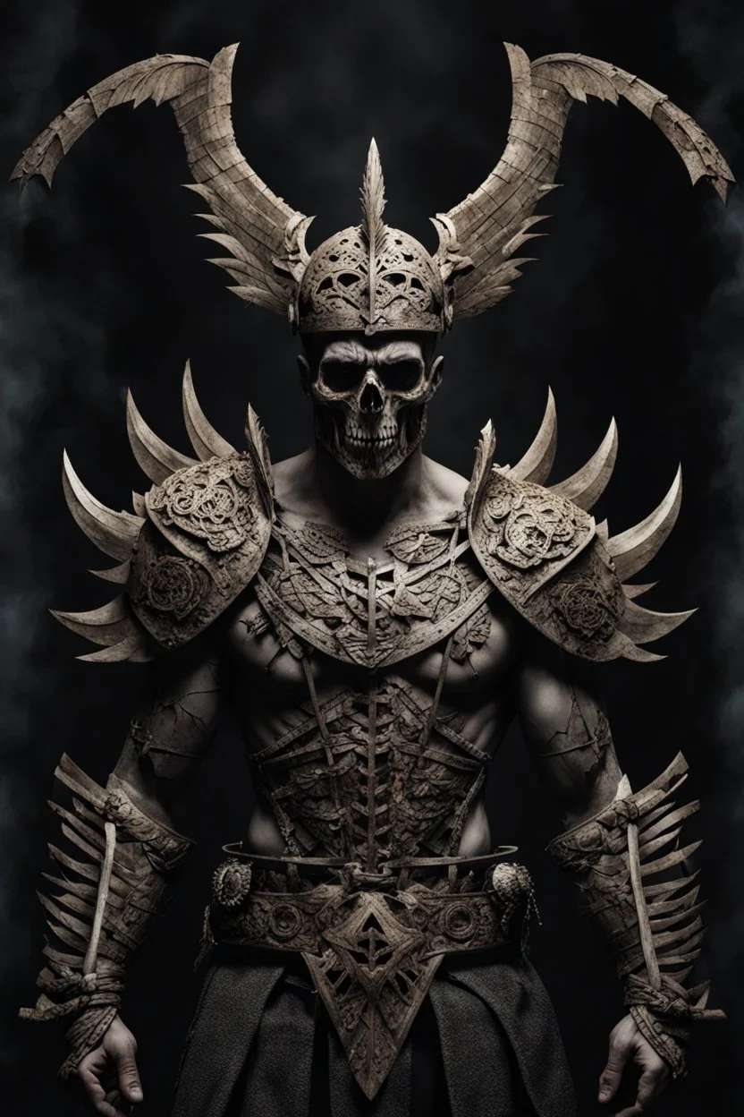 an insane warrior with his chest made of bones. dark horror setting.