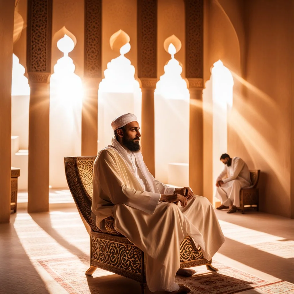 "In the center of the image, an men with beard is seated on a comfortable chair wearing arabic attire. The room is cast in a gentle shadow, with sunlight streaming in from the side, creating a warm and inviting atmosphere."