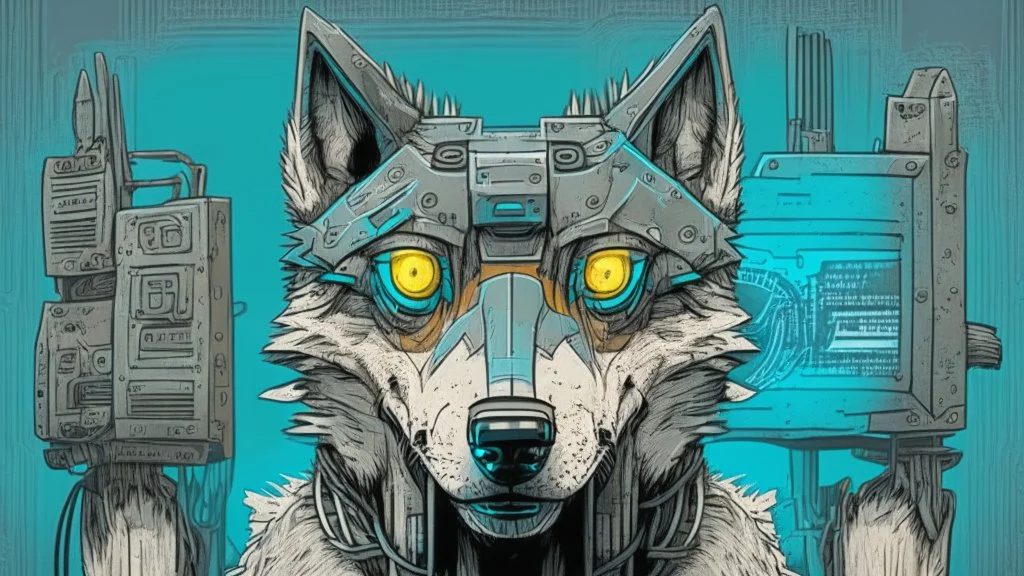 Robotic wolf looking at the camera, comic style