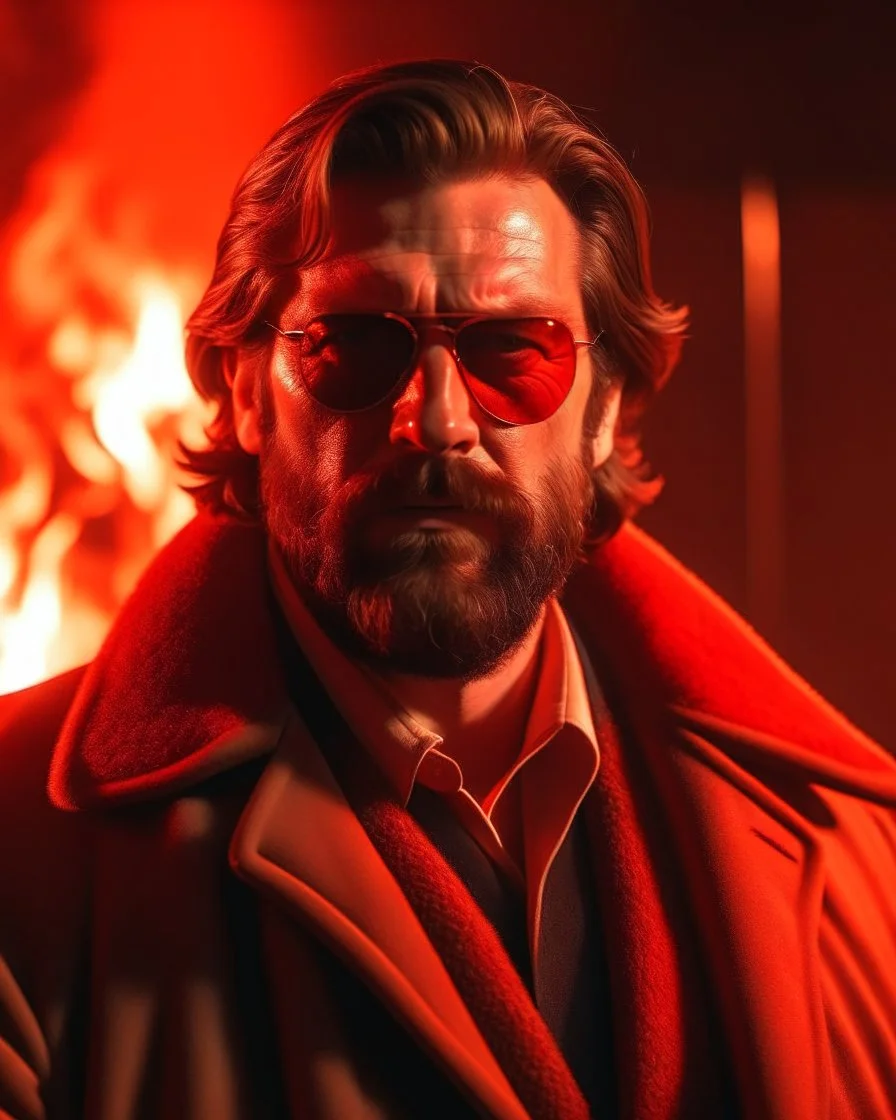 a young man with big muscles who looks like hans gruber wearing a heavy coat and red sunglasses staring with an irritated look on his face standing in front of a large fire