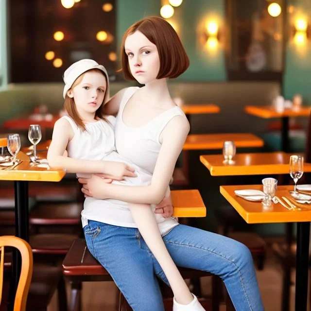 Realistic photo Russian shorthair beautiful 20-years tomboy boyish boylike young wife wide hips in restaurant with little daughter