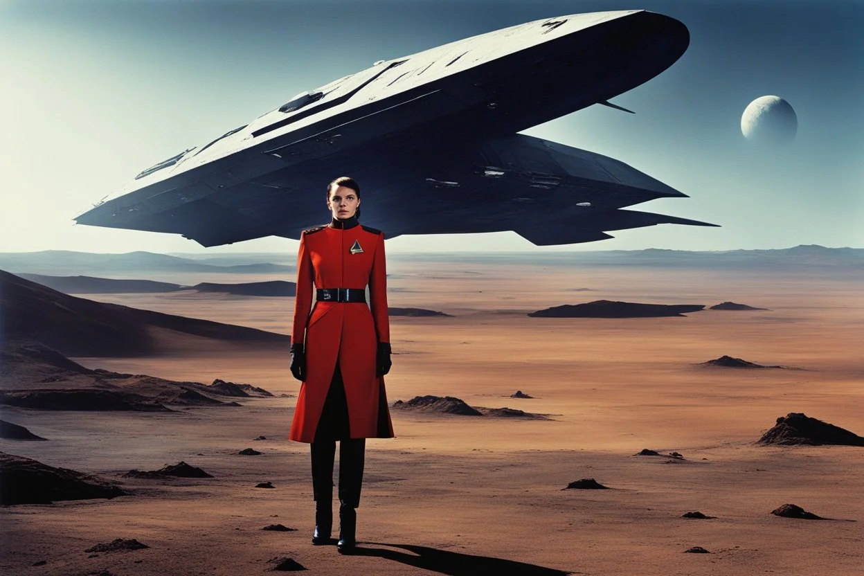 [color photo by Helmut Newton] a female Starfleet cadet stands amidst a desolate landscape beside a starship. Her torn jacket uniform billows in the wind, a symbol of resilience in the face of adversity. Horror is etched across her face as she gazes towards the distant horizon, where a monstrous entity looms ominously, a nightmare given form in the vast expanse of space. The starship's hull gleams under the gentle light of distant stars, a beacon of hope shining amidst the desolation of the alie