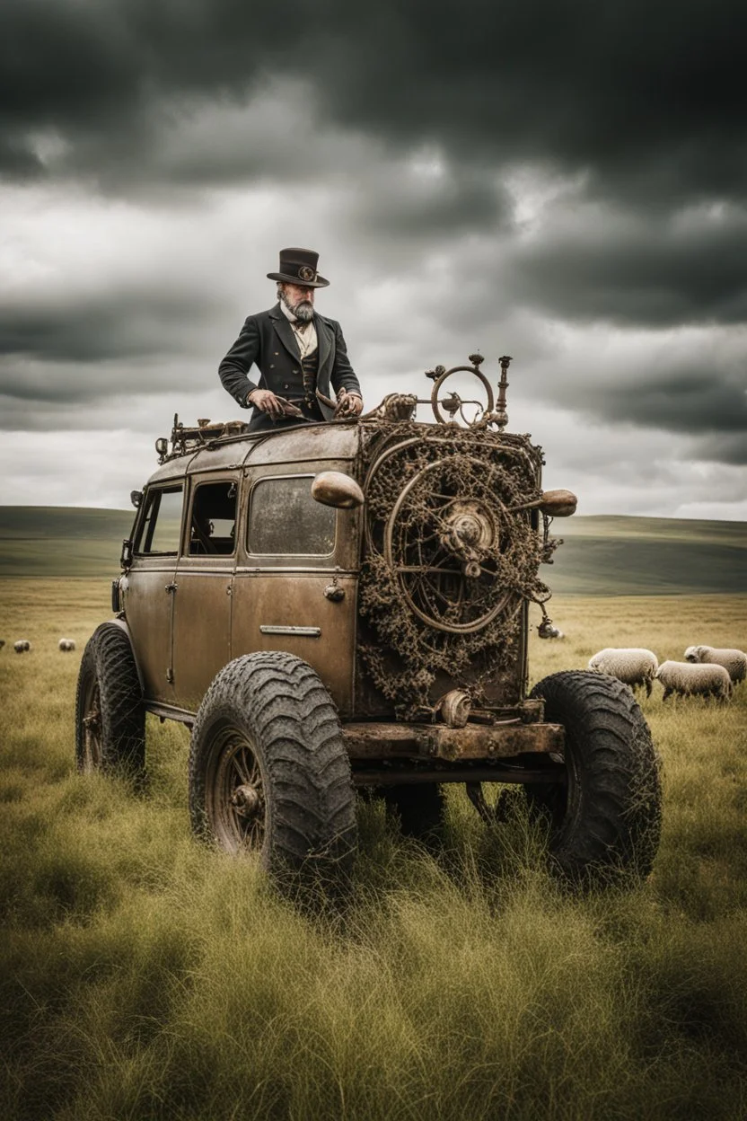 big (AUTOFARM) title at top landrover sheep steampunk man working in field