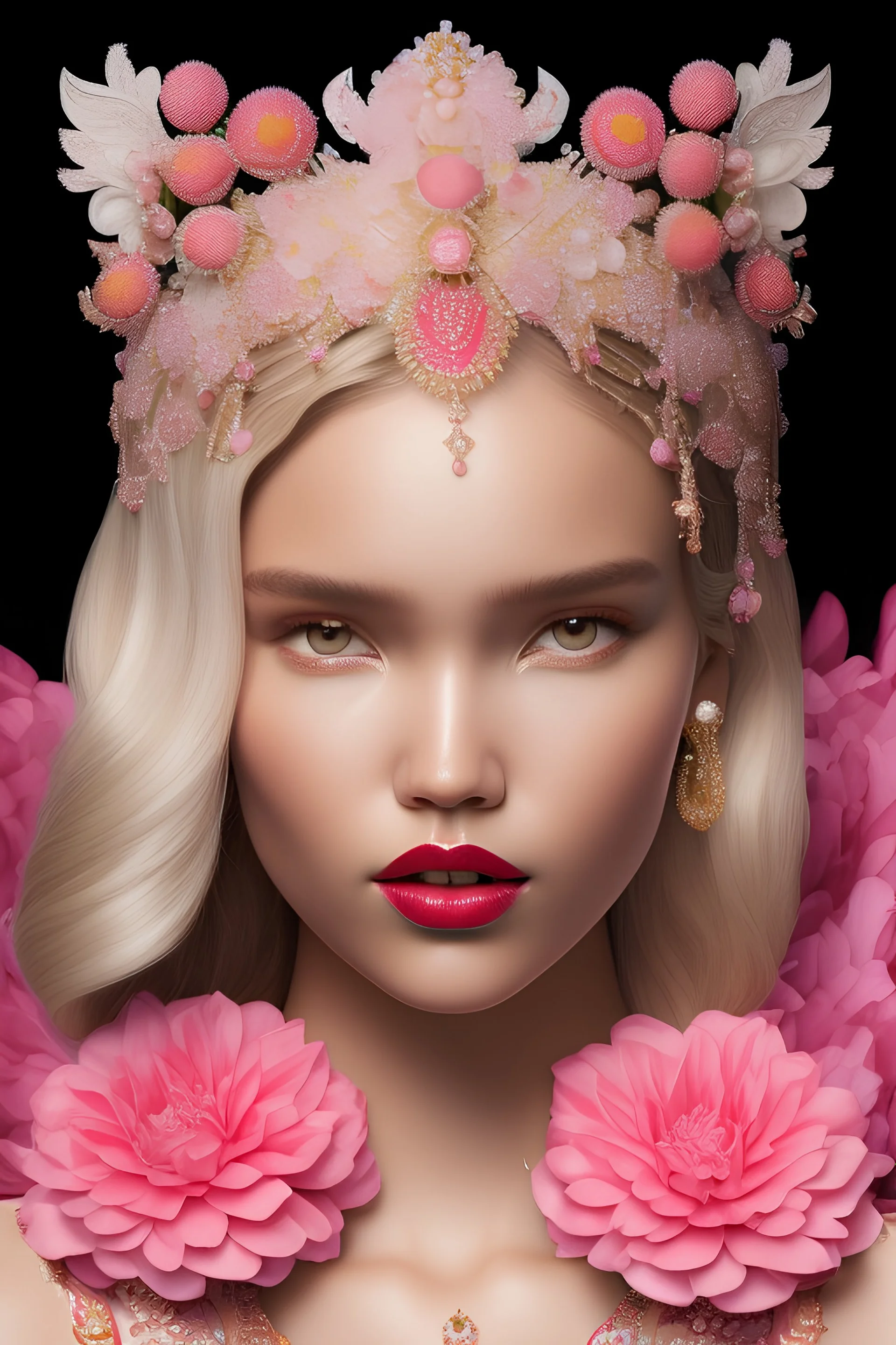 Sasha Luss with pink lipstik, wearing mask made of strawberries and white petals looking down on dark pink wallpapers background, in Art Deco style, an ultrafine hyperdetailed illustration by kim jung gi, irakli nadar, intricate linework, bright colors, octopath traveler, final fantasy, unreal engine 5 highly rendered, global illumination, radiant light, detailed and intricate environment, burgundy background