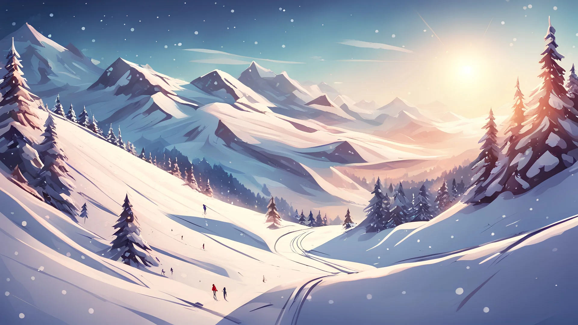 Fantasy cartoon style: view down the ski slope from the top of the hill, snow is sparkling