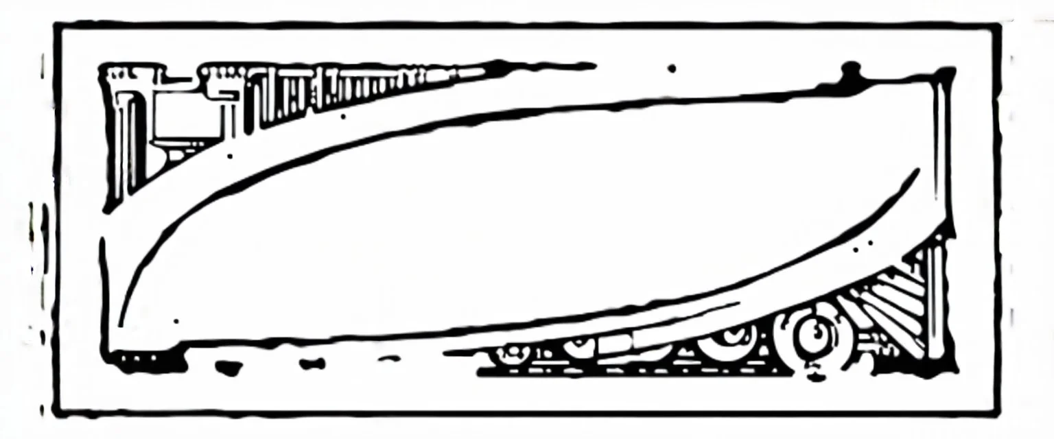 an old engraved stamp with decorative corner elements in the top left and bottom right, inspired by steam locomotive railroad. antique printing