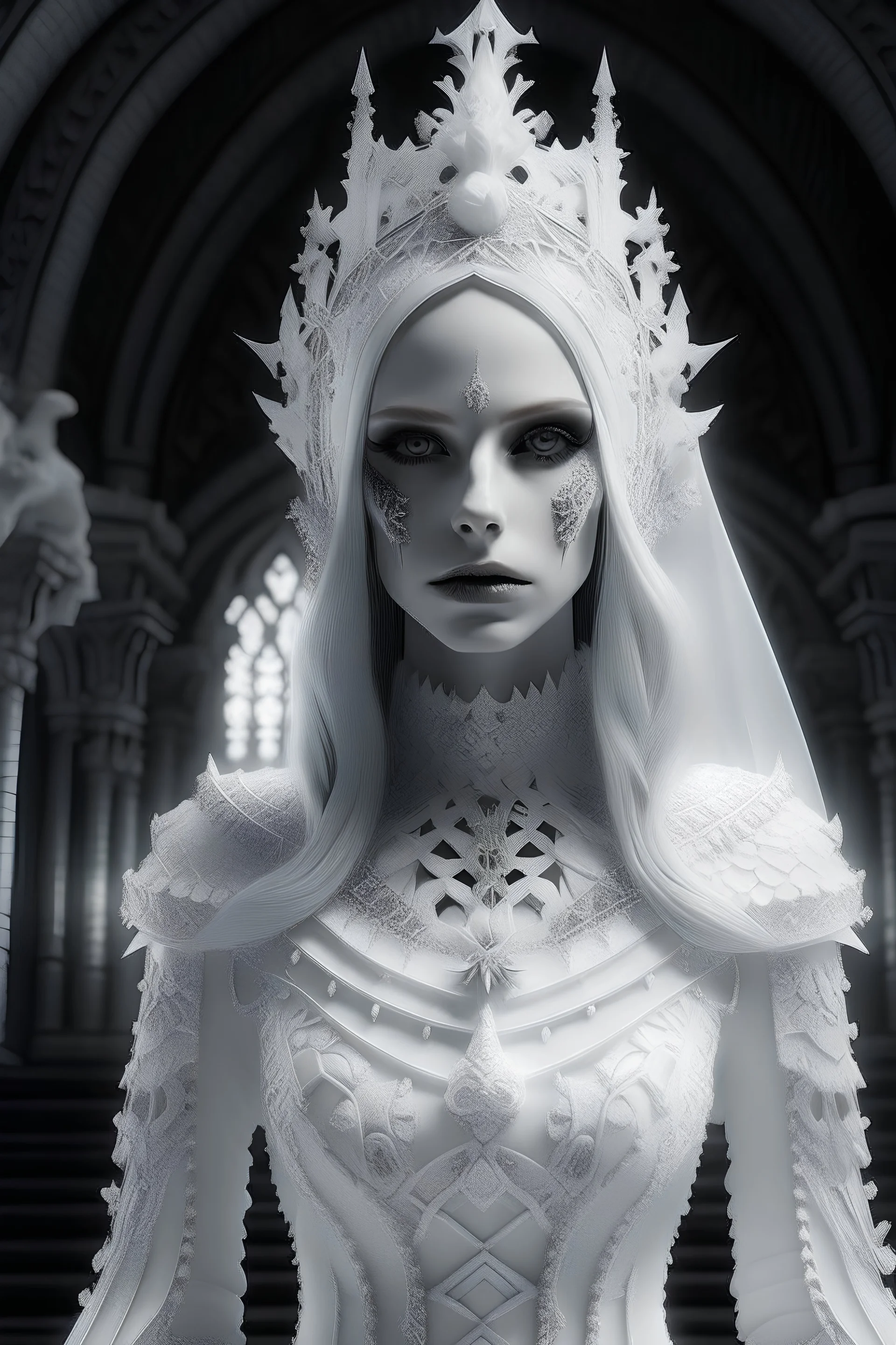 gothic style white haute couture realistic girl high detais fantasmagoric filter cinematic