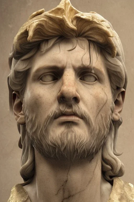 Realistic image, Roman sculpture made in marble with gold veins, Lionel messi, gold laurel leaves crown, waist up portrait,marble material, gold ornaments, Renaissance style, sun rays background, epic, celestial, cinematic lighting, God lights, 4k resolution, smooth details, soft lighting, unreal engine 5, art station, substance 3d.