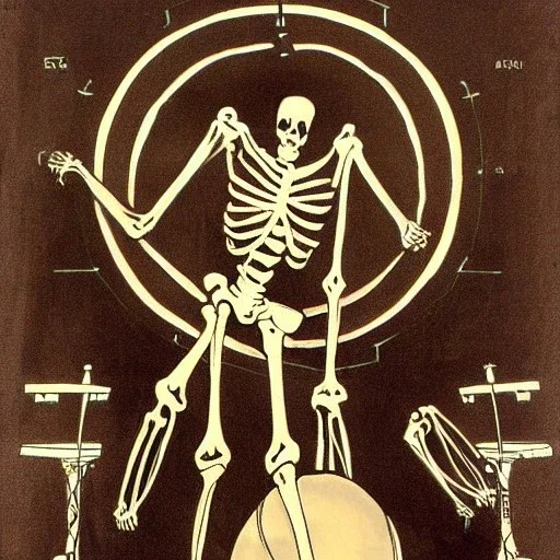 skeleton, vitruvius man, playing drums, art nouveau,