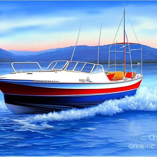 modern Fisherman small boat in the harbor, in the style of a watercolor painting