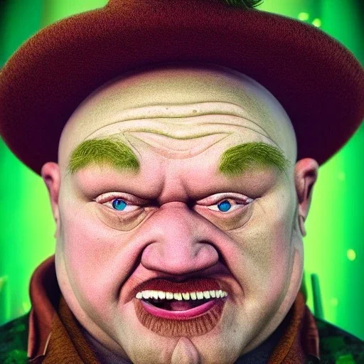 Leprechaun,Michael Sproule, fat, bald, badly dressed, old, ugly Character Portrait, magnificent, majestic, highly intricate gigantic, Realistic photography, incredibly detailed, ultra high resolution, 8k, complex 3d render, cinema 4d