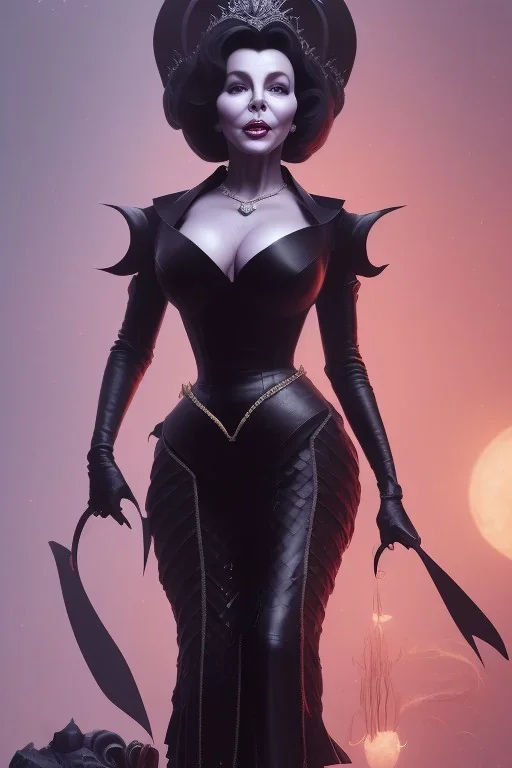 Joan Collins as evil queen in black leather, leather, busty, cleavage, angry, stern look. character design by cory loftis, fenghua zhong, ryohei hase, ismail inceoglu and ruan jia. unreal engine 5, artistic lighting, highly detailed, photorealistic, fantasy