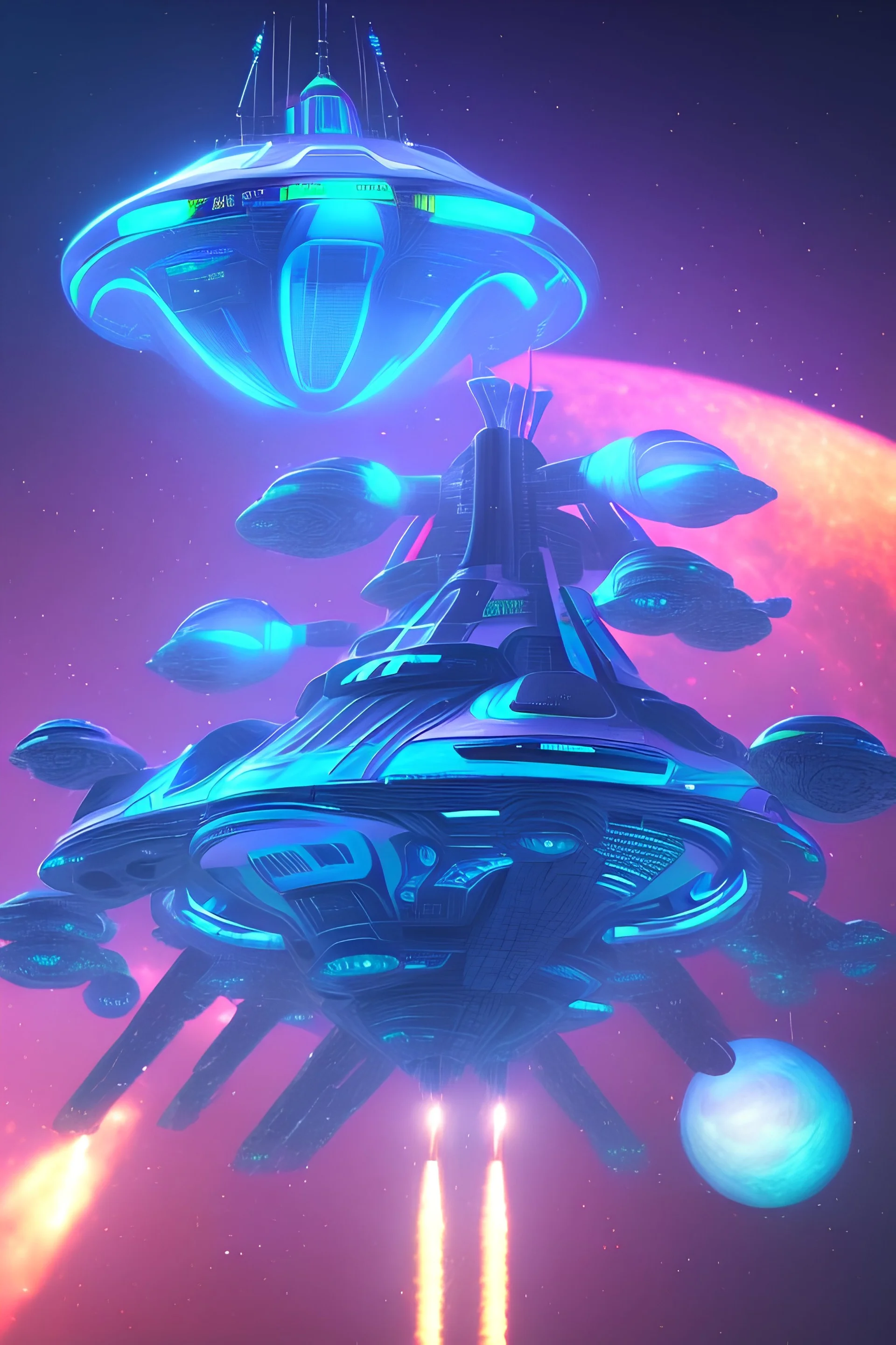 A futuristic mothership in space, a big spaceship, neon turquoise lights bright and metallic blue bright effect light, a large transparent view of the open outdoor stars and universe, crystals, the light of the sun, realist details, definition 8k, HD