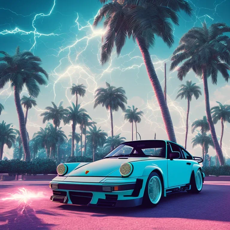 1980's aesthetic vaporwave palm trees and spheres and Porsche with lightning