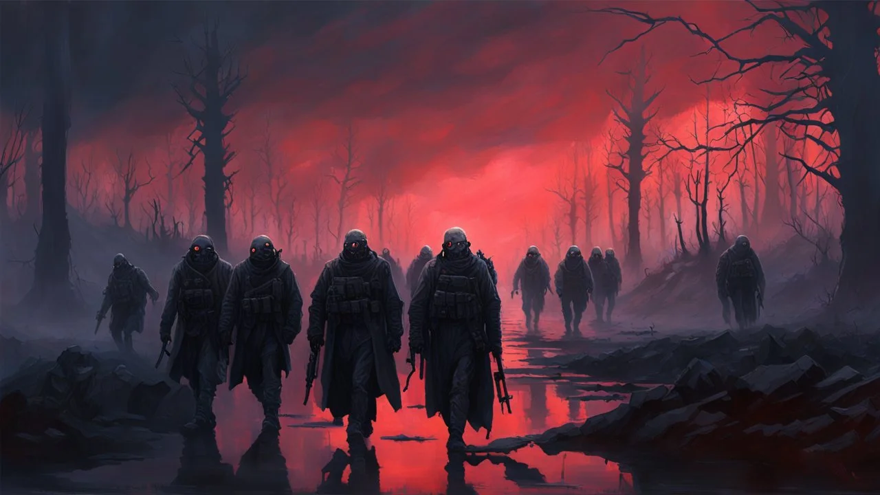 {{{Bio-engineered undead cyborg army marching}}} machine soldiers, future military, tactical wear, gas creepy landscape, techno gothic visual composition, science fiction painting, Denis Sarazhin, Alex Colville, Simon Stålenhag, Neil Blomkamp, Frank bowling, Christopher Shy, Alejandro Burdisio, RAW, gritty, high contrast, atmospheric horror art, gripping and suspenseful, vivid, neon overlay, narrative art, textured, dramatic, surreal horror, gestural, disco diffusion