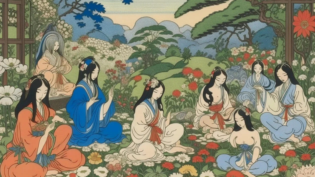 An illustration by Kuniyoshi and Manet of of individuals practicing yoga surrounded by blooming flowers and lush vegetation.