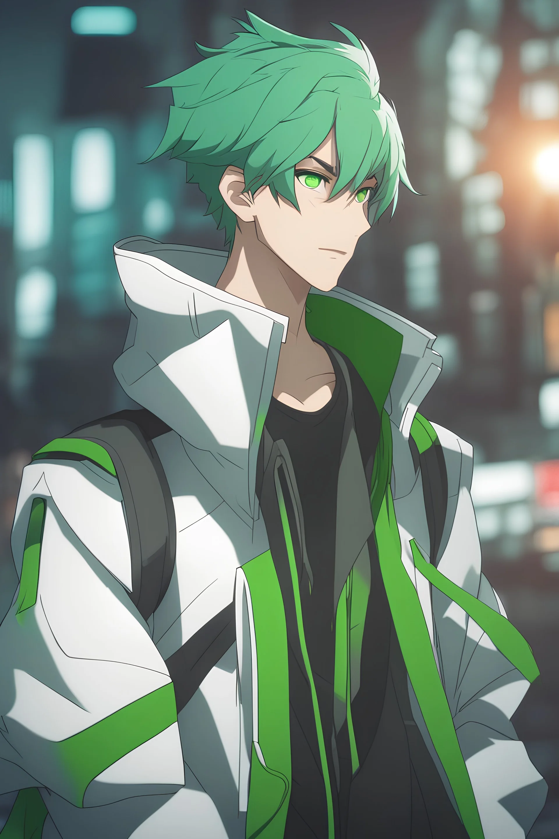 Young man with lvividgreen hair, vivid green eyes, smug, green and white futuristic clothes, white headband, sai, urban background, RWBY animation style