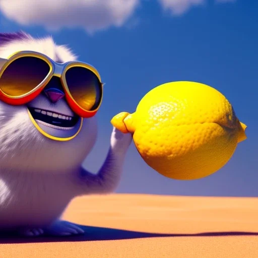 lemon wearing sunglasses, relaxing on the beach, pixar movie still, 3d realistic render, hyperdetailed