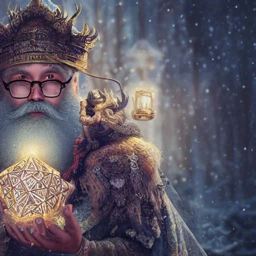 Insanely detailed photograph of an “D&D cleric santa holding glowing D20” with intricate detailed beard, intricate embroidered clothing, hyperdetailed painting by Ismail Inceoglu Huang Guangjian and Dan Witz CGSociety ZBrush Central fantasy art album cover art,8K, hdr, mysterious, ominous, snowflakes,jolly