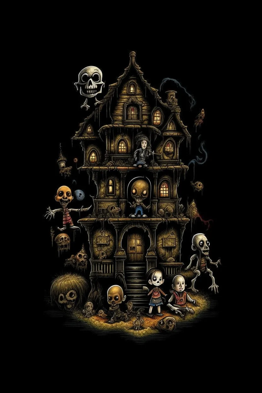 Science experiment Horror Doll house by Richard Corben, Todd Schorr, T-Shirt Design, Black Background